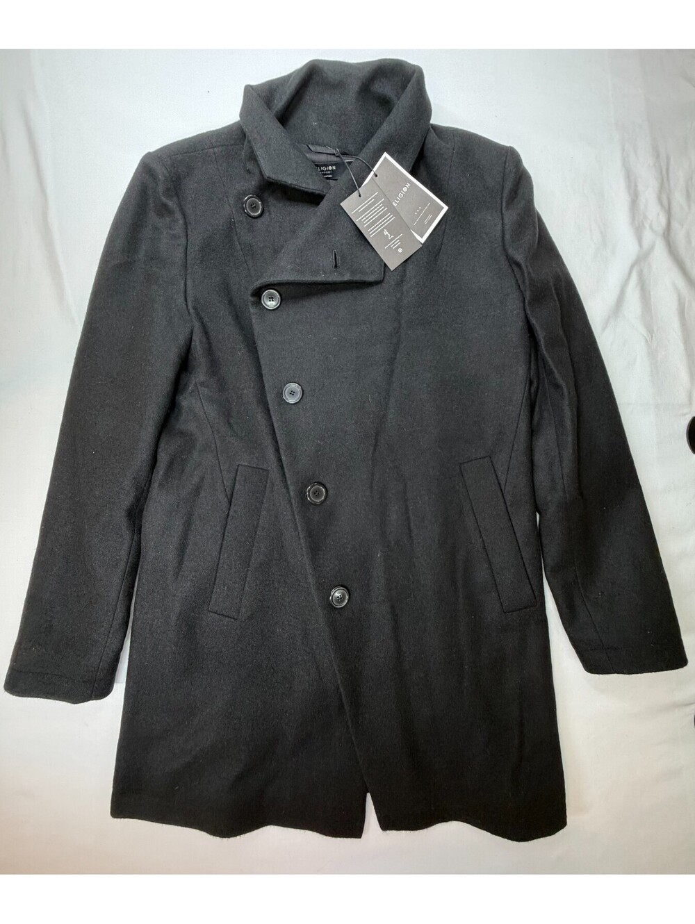 Religion Men's Pea Coat Single Breasted Solid Pocket Lined Long Size M Black NWT